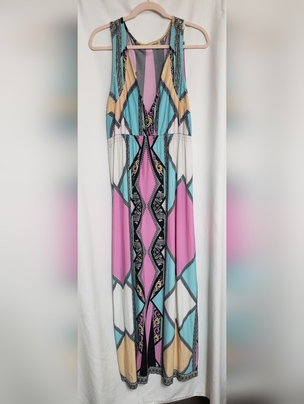 ONE WORLD Geometric Maxi Dress in Pink, Aqua & Cream